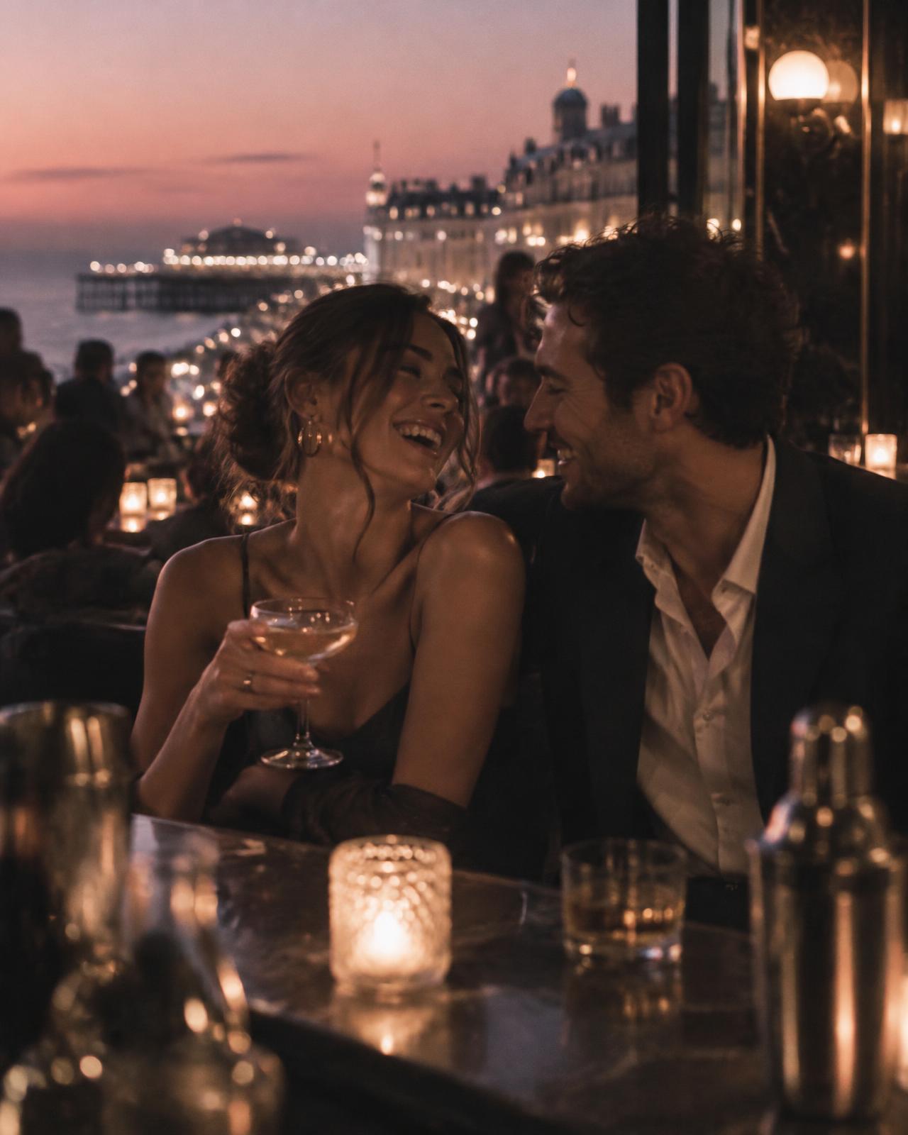 Two people laughing together at a candlelit bar by the sea